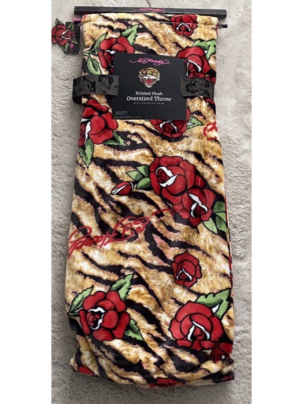 Ed Hardy Oversized Plush Throw Blanket Tiger Stripes Print W/Red Roses Logo NEW
